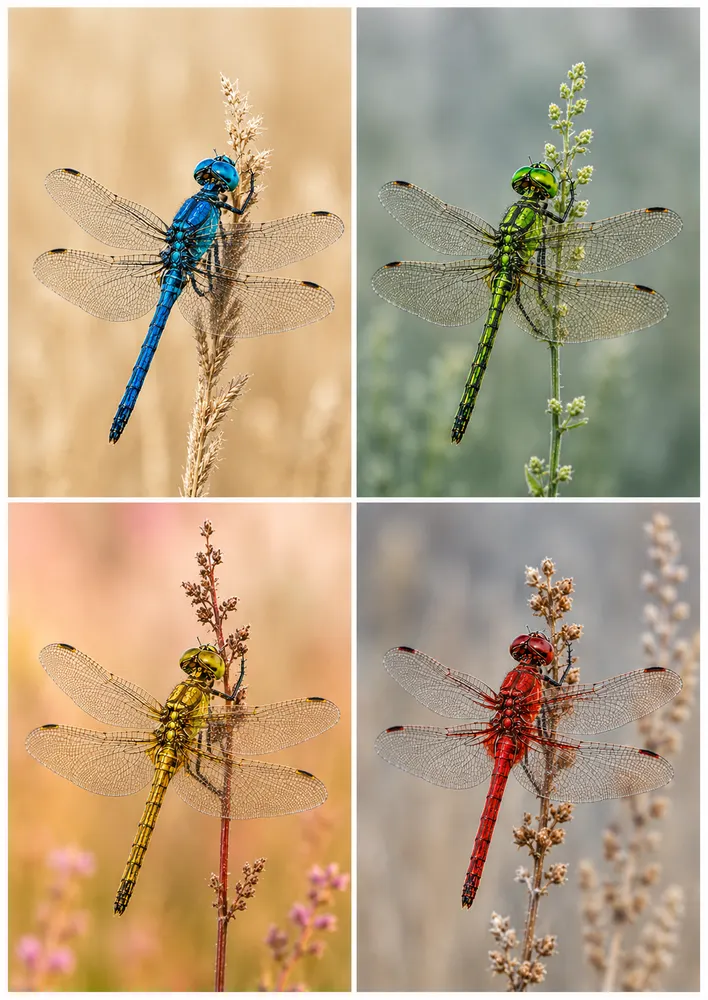 Libélulas azul, verde, amarilla y roja