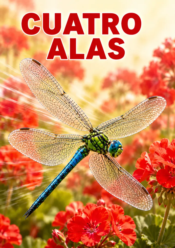Libélula con flores rojas